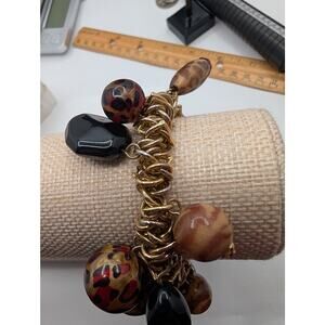 Vintage Chunky Gold Tone Charm Bracelet Leopard Print Animal Motif Black Beads